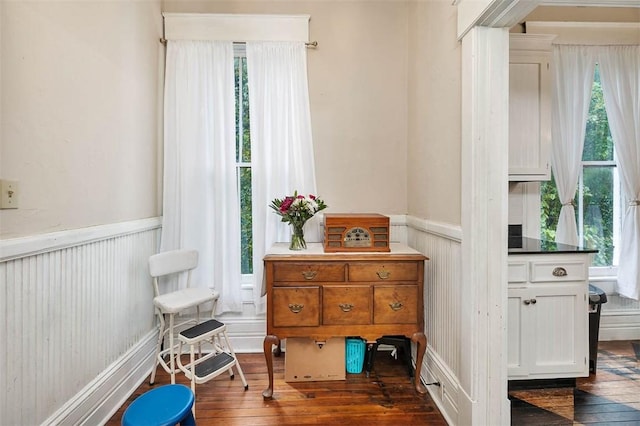 living area with wainscoting, a healthy amount of sunlight, and dark wood-style flooring