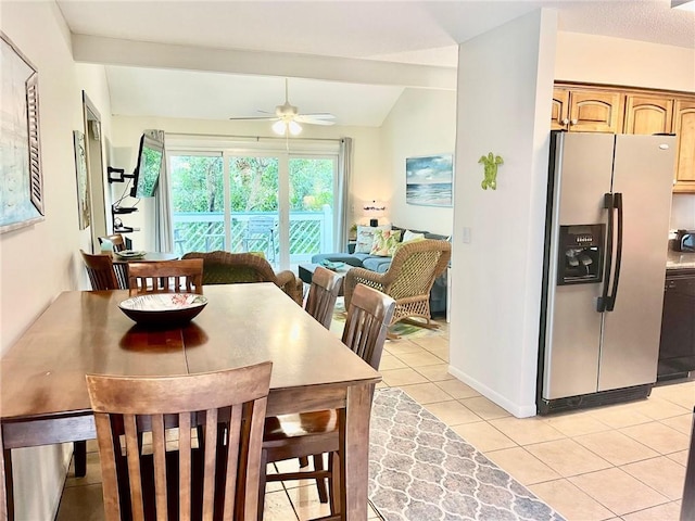 tiled dining room featuring vaulted ceiling with beams and ceiling fan