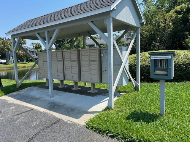 view of home's community featuring mail boxes and a water view