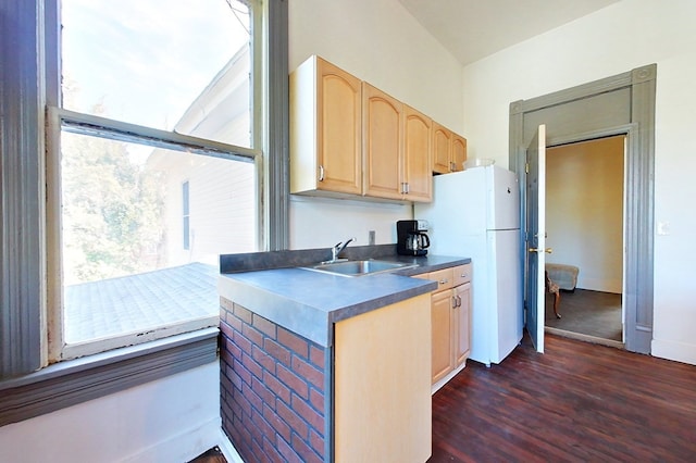 415 Dewey St, Waycross, GA 31501 - kitchen with light brown cabinets, dark wood-style floors, dark countertops, and freestanding refrigerator