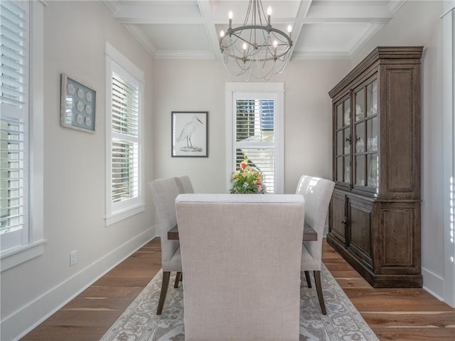 dining area featuring beamed ceiling, dark hardwood / wood-style floors, a chandelier, crown molding, and coffered ceiling