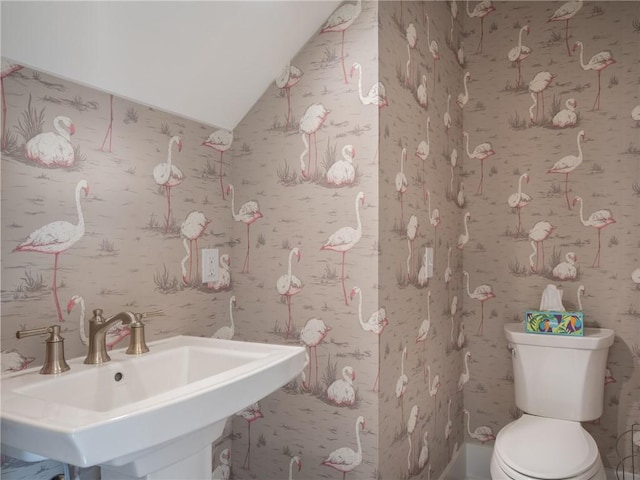 bathroom featuring sink, toilet, and vaulted ceiling