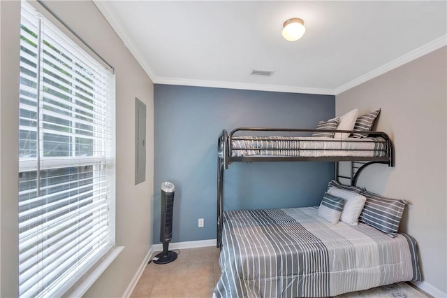 tiled bedroom with ornamental molding