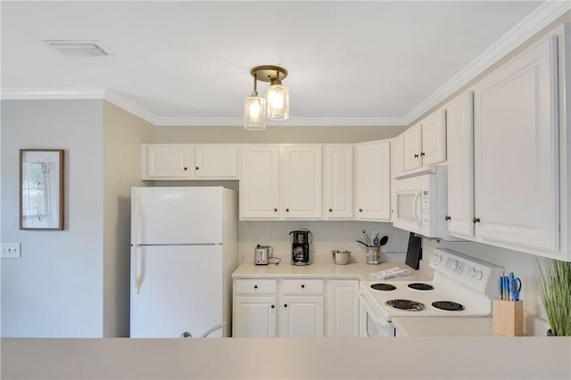 kitchen with decorative light fixtures, white cabinetry, white appliances, and crown molding