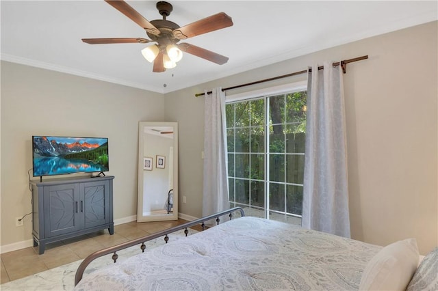 tiled bedroom featuring ceiling fan and crown molding