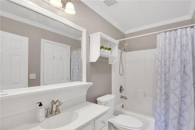 full bathroom with crown molding, shower / tub combo with curtain, vanity, and toilet