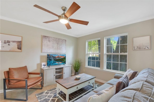 tiled living room with crown molding and ceiling fan