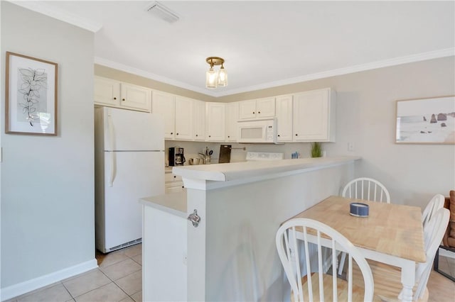 kitchen featuring kitchen peninsula, white cabinetry, crown molding, and white appliances