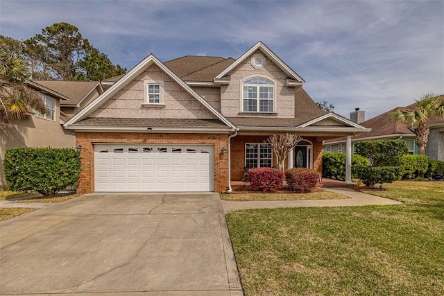 257 Villager Dr, Saint Simons Island, GA 31522 - view of front facade featuring concrete driveway, a front yard, brick siding, a porch, and an attached garage