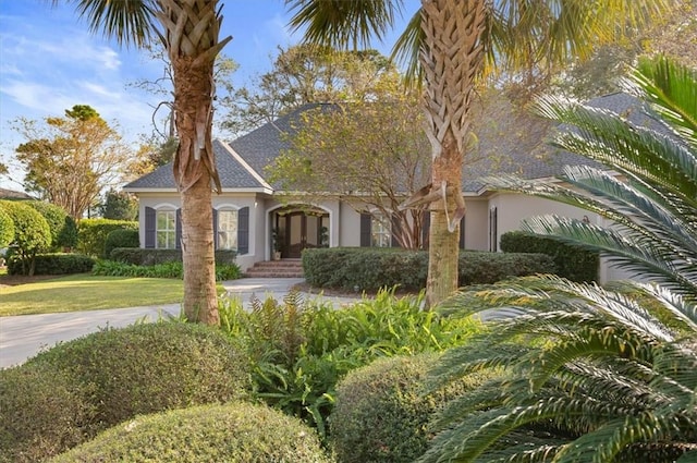 view of front facade featuring a shingled roof, a front yard, and stucco siding