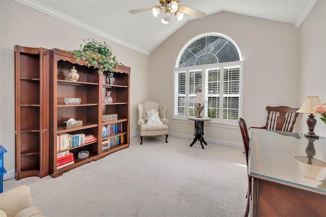 1064 Sea Palms W Dr, Saint Simons Island, GA 31522 - carpeted office space featuring a ceiling fan, plenty of natural light, vaulted ceiling, and ornamental molding