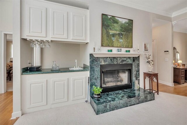 1064 Sea Palms W Dr, Saint Simons Island, GA 31522 - living room with wet bar, ornamental molding, a premium fireplace, and wood finished floors