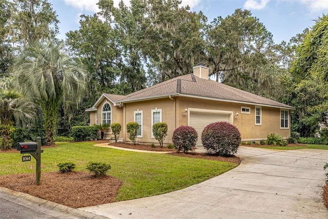 1064 Sea Palms W Dr, Saint Simons Island, GA 31522 - view of front of property featuring an attached garage, a front lawn, a chimney, driveway, and stucco siding