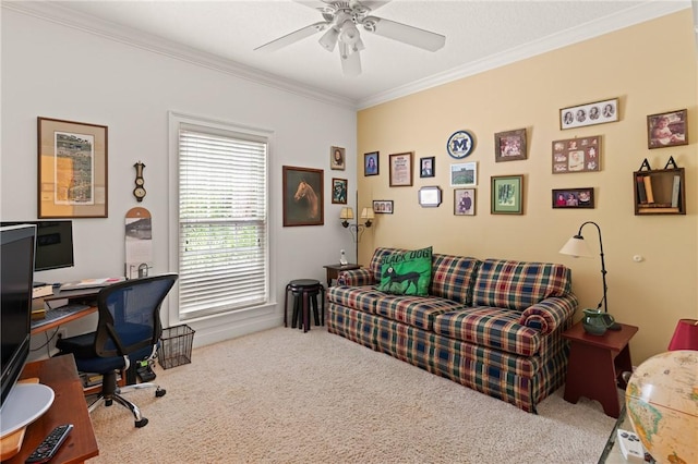 117 Serenoa Dr, Brunswick, GA 31523 - carpeted home office featuring ornamental molding and ceiling fan