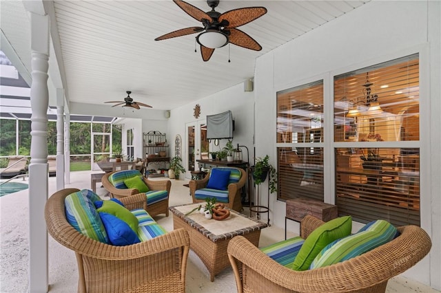 117 Serenoa Dr, Brunswick, GA 31523 - view of patio / terrace with ceiling fan, an outdoor living space, a swimming pool, and a lanai