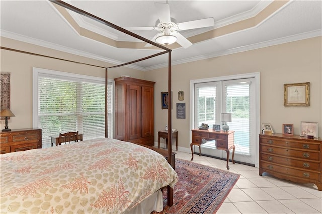 117 Serenoa Dr, Brunswick, GA 31523 - bedroom with a raised ceiling, light tile patterned flooring, access to outside, ornamental molding, and ceiling fan