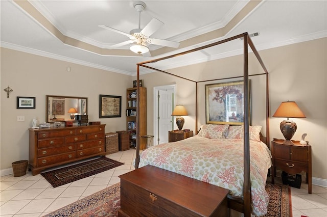 117 Serenoa Dr, Brunswick, GA 31523 - bedroom featuring light tile patterned floors, a tray ceiling, crown molding, and ceiling fan
