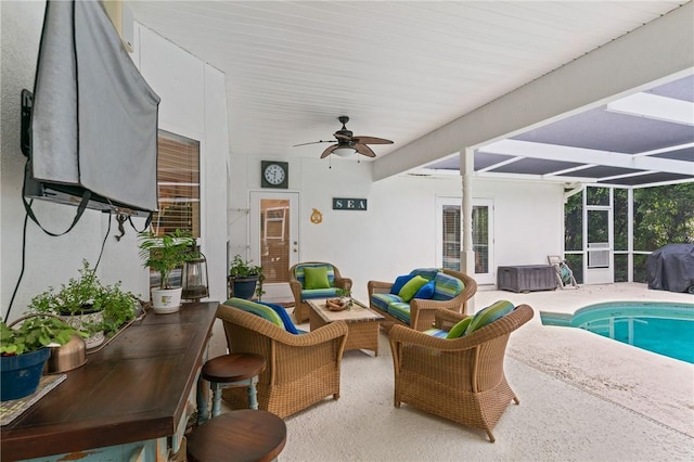 117 Serenoa Dr, Brunswick, GA 31523 - view of patio / terrace with ceiling fan, outdoor lounge area, an outdoor pool, a lanai, and a grill