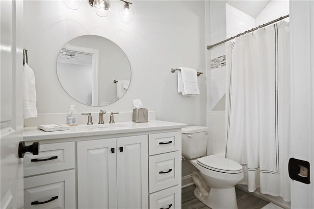 full bath featuring toilet, vanity, and a shower with curtain