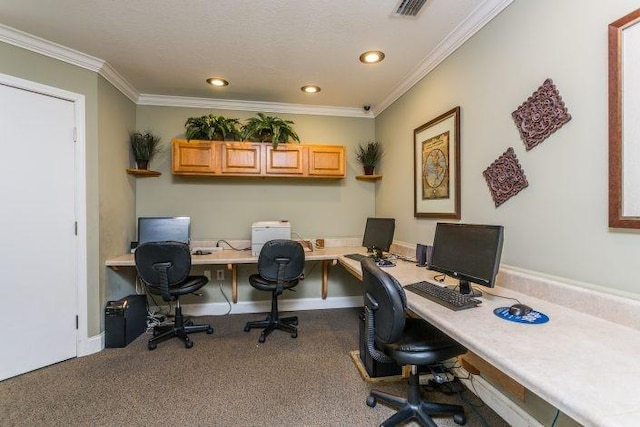 home office featuring built in desk and ornamental molding