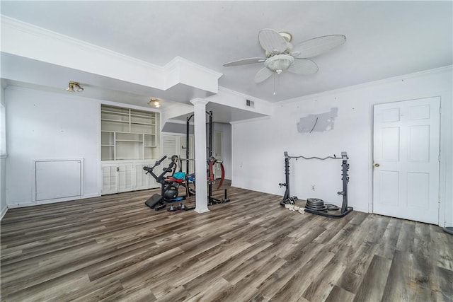 1007 Atlantic Ave, Waycross, GA 31501 - workout area with wood finished floors, a ceiling fan, crown molding, and decorative columns