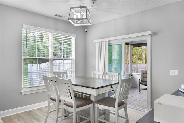 dining room with light hardwood / wood-style floors, a textured ceiling, and a wealth of natural light