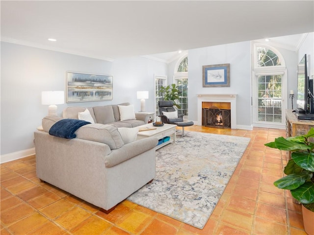 living room with lofted ceiling, tile patterned floors, and ornamental molding