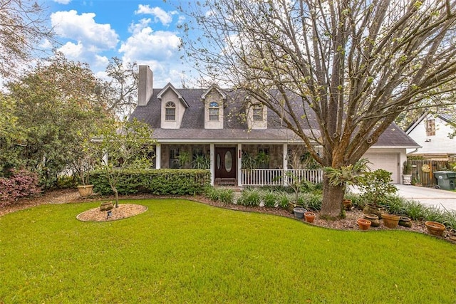 cape cod home with covered porch, a garage, and a front yard