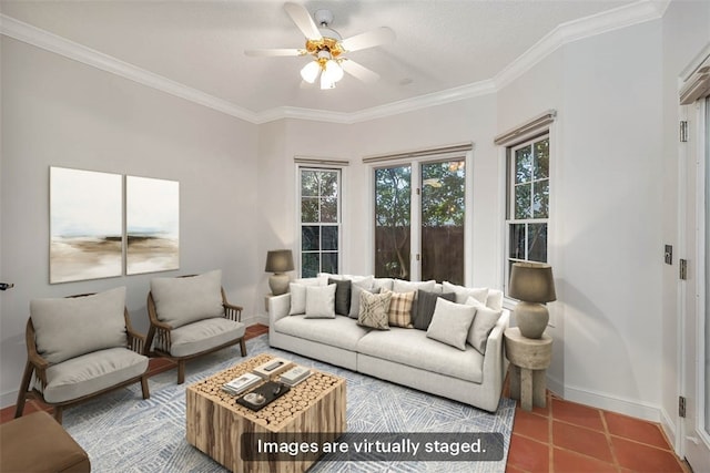 tiled living room featuring crown molding and ceiling fan