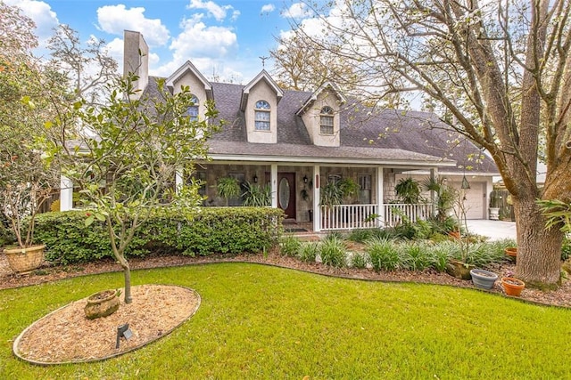 view of front of property featuring a front lawn, a porch, and a garage