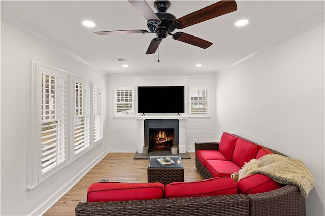 living room with crown molding, ceiling fan, and light hardwood / wood-style flooring