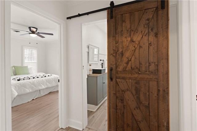 bedroom with ceiling fan, a barn door, sink, and light wood-type flooring