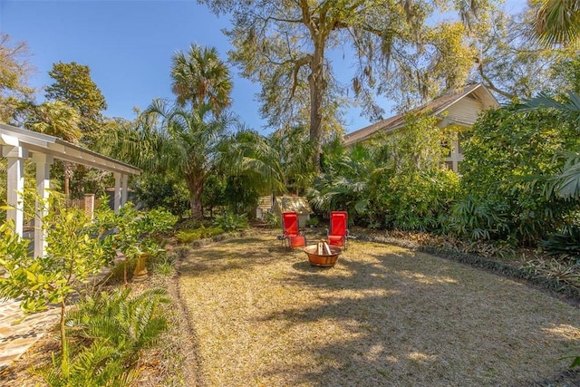 view of yard featuring a fire pit