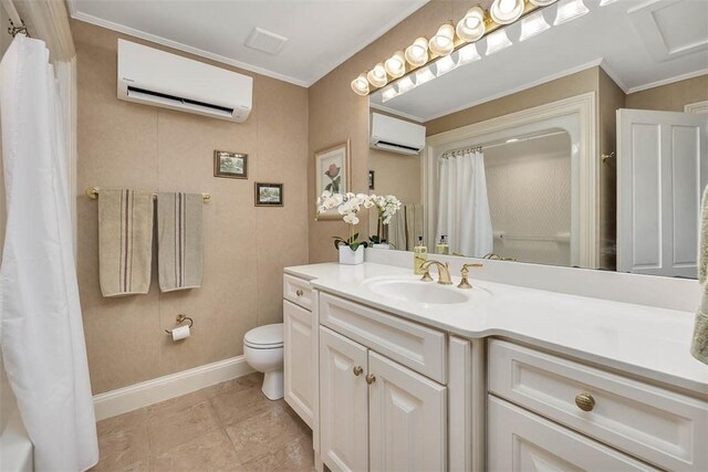 bathroom with an AC wall unit, toilet, and crown molding