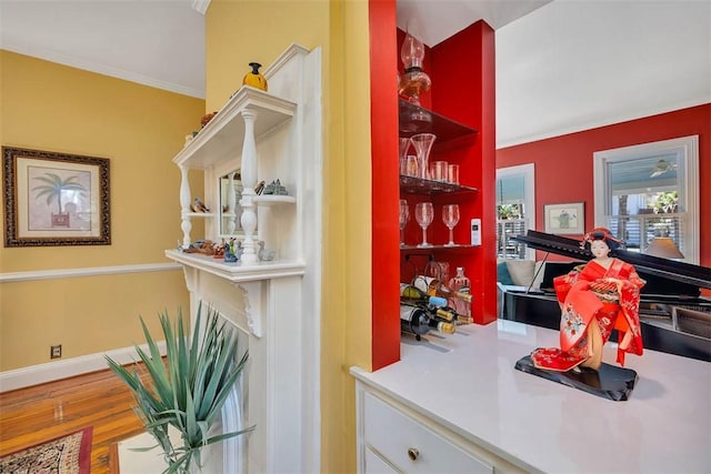 bar featuring baseboards, wood finished floors, a bar, and ornamental molding