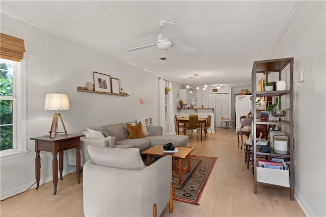 living room with ceiling fan with notable chandelier, light wood-type flooring, and crown molding