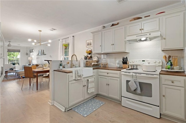 kitchen with butcher block countertops, sink, white cabinetry, and white electric stove