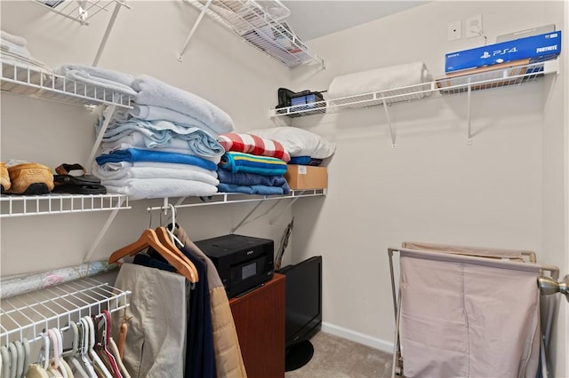 walk in closet featuring carpet floors