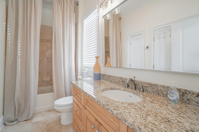 full bathroom with vanity, toilet, crown molding, and shower / tub combo with curtain