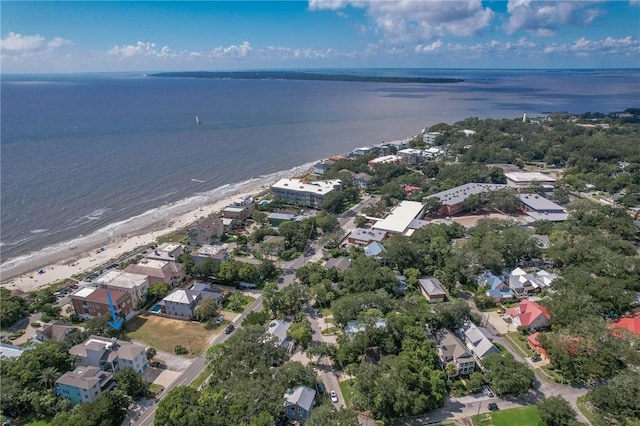 aerial view with a water view and a view of the beach