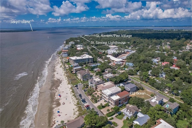 bird's eye view featuring a water view and a view of the beach