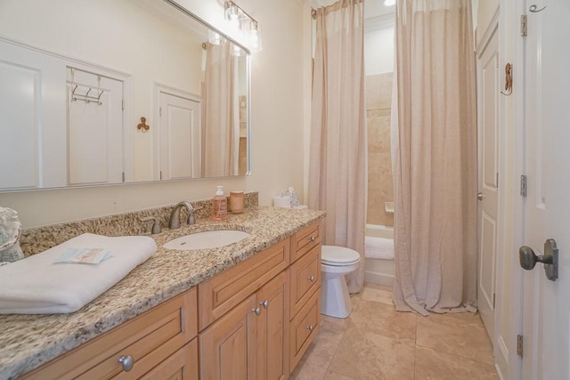 full bathroom featuring tile patterned flooring, shower / bath combo, toilet, and vanity