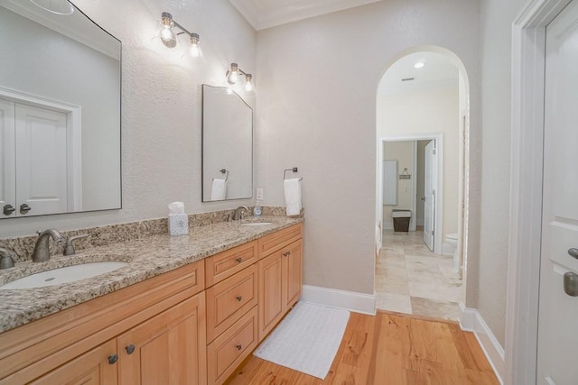 bathroom with vanity, wood-type flooring, and toilet