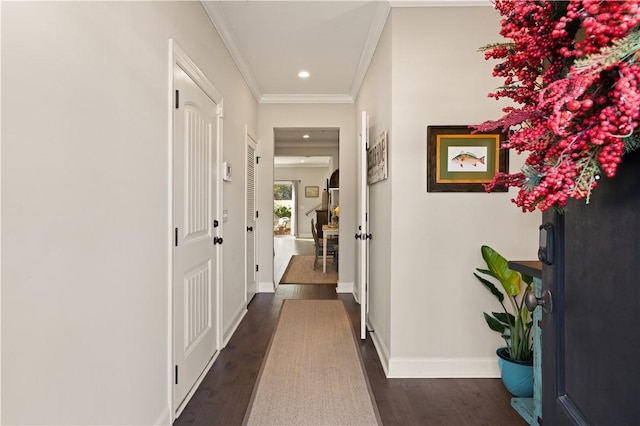 hallway featuring dark hardwood / wood-style flooring and ornamental molding