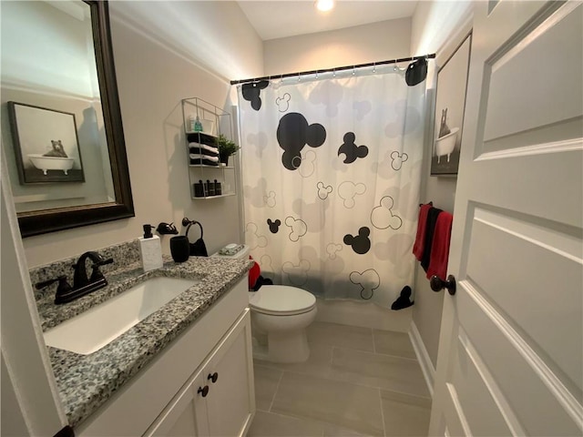 full bathroom with vanity, shower / bathtub combination with curtain, tile patterned floors, and toilet