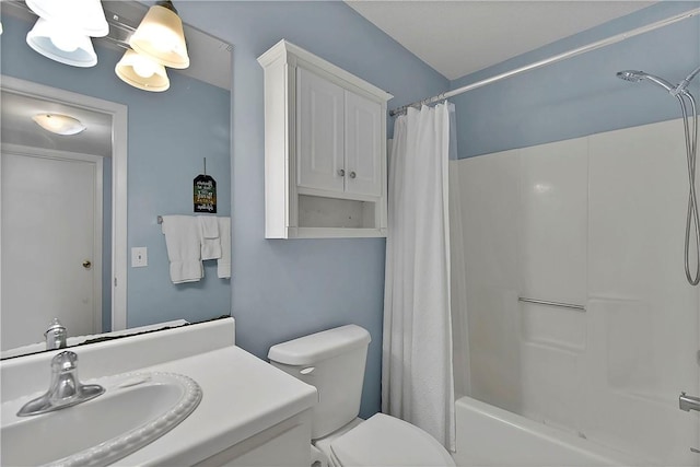 full bathroom with shower / bath combo, toilet, and vanity