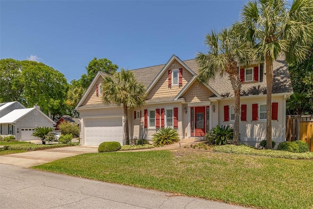 craftsman-style home with driveway, fence, a front lawn, an attached garage, and stucco siding