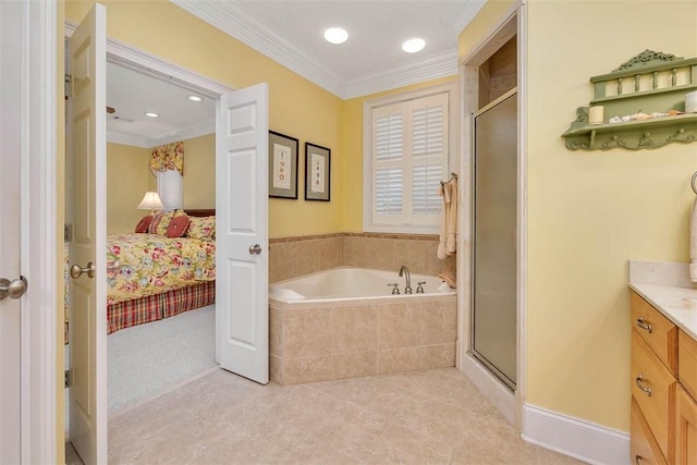 ensuite bathroom featuring connected bathroom, crown molding, vanity, and a stall shower