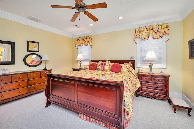 bedroom with crown molding, carpet flooring, recessed lighting, and visible vents