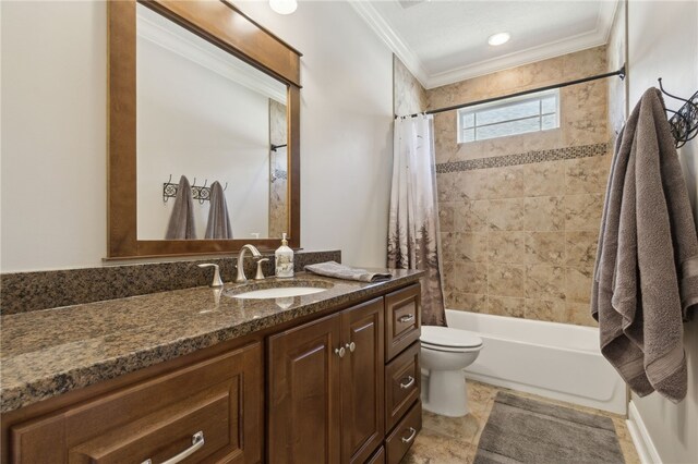 bathroom featuring toilet, vanity, crown molding, and shower / bathtub combination with curtain